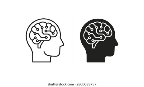 Two side-by-side human head silhouettes featuring detailed brain circuit diagrams, split into light and dark styles for contrast and emphasis on neural connections.
