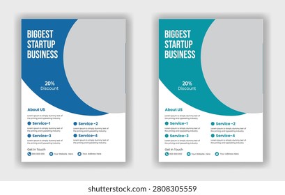 Two side-by-side startup business brochures with distinct color schemes, showcasing services and growth stats in a clean, professional layout.