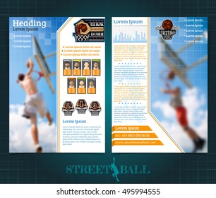 Two sided basketball brochure or flayer, street ball slam dunk competition template design with players and prize place. Mock-up cover vector sport style
