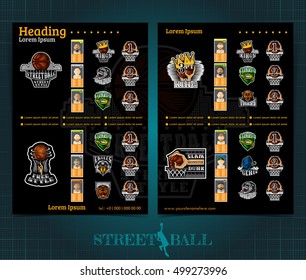 Two sided basketball brochure or flayer, street ball competition template design with logos teams and winners . Mock-up cover vector sport style