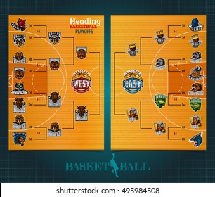 Two Sided Basketball Playoff Brochure Or Flayer, Template Design With Bracket Tournament On Field Background. Mock-up Cover Vector Sport Style