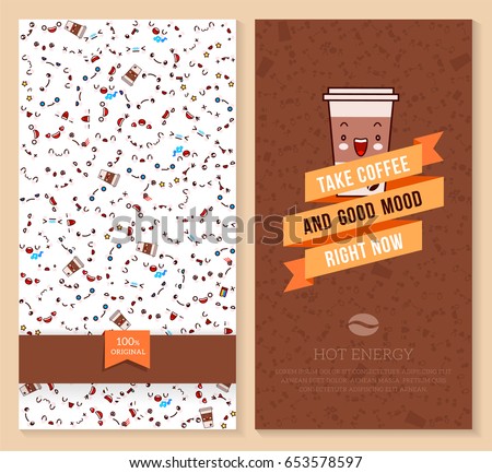 Two sided brochure design with emotion pattern and cup of coffee.