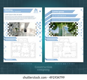 Two sided brochure or flayer template design with interior and exterior blurred photo elements. Mock-up cover in blue vector modern style