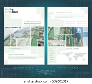 Two sided brochure or flayer template design with exterior building blurred photo elements. Mock-up cover in green vector modern style