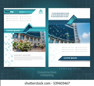 Two sided brochure or flayer template design with exterior building blurred photo elements. Mock-up cover in blue vector modern style