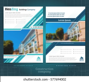 Two sided brochure or flayer template design with exterior blurred photo ellements. Mock-up cover in blue vector modern style