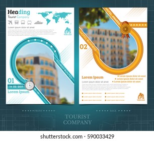 Two sided brochure or flayer template design with exterior blurred color photo elements. Mock-up cover in blue-yellow vector modern style