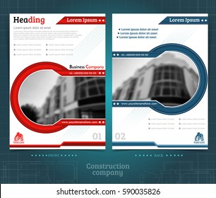 Two sided brochure or flayer template design with  blurred black and white photo of buildings. Mock-up cover in blue-red vector modern style