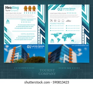 Two sided brochure or flayer template design with buildings blurred color photo. Mock-up cover in blue abstract vector modern style