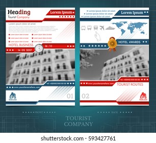 Two sided brochure or flayer template design with exterior blurred color photo elements. Mock-up cover in blue and red vector modern style