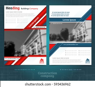 Two sided brochure or flayer template design with exterior blurred photo elements. Mock-up cover in blue and red vector modern style