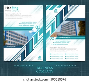 Two sided brochure or flayer template design with  blurred color photo of buildings. Mock-up cover in blue vector modern style