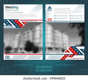 Two sided brochure or flayer template design with blurred color photo of buildings. Mock-up cover in blue and red abstract vector modern pattern style