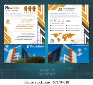Two sided brochure or flayer template with blurred color photo of building. Mock-up cover in black and yellow abstract vector modern style