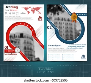 Two sided brochure or flayer template design with exterior blurred black and white photo elements. Mock-up cover in red-blue vector modern style