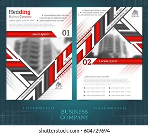 Two sided brochure or flayer template design with blurred black and white photo of buildings. Mock-up cover in black and red vector modern style