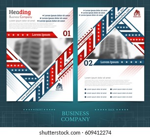Two sided brochure or flayer template design with blurred photo of buildings. Mock-up cover in blue and red vector modern style