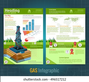 Two sided business brochure or flayer, gas rig or oil derrick on landscape with information. Vector modern flat style template design