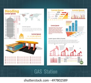 Two sided business brochure or flayer, gas station info graphic realistic gas station with abstract diagrams and transport