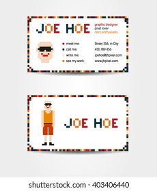 Two sided business card creative concept with pixel art - man with whole body and face on the side with contact information; fictional data