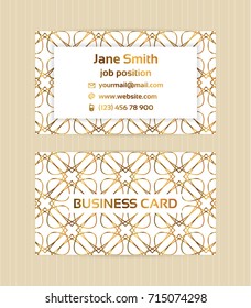 Two sided business card with golden, metallic decoration on white background.Vector template for business, invitation, wedding, banner , flyer or greeting cards.