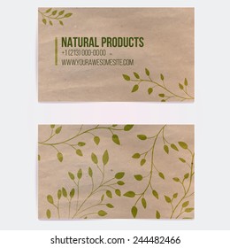 Two sided business card for natural cosmetics store or other eco friendly product. Hand drawn on craft paper branches and plants. Vector template.