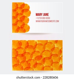 Two sided business card template with painted orange watercolor spots