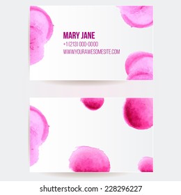 Two sided business card template with pink and violet watercolor paint swashes. Artistic vector design. 