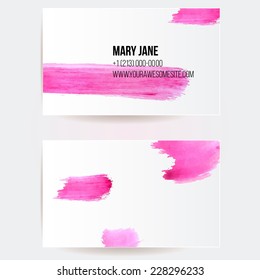 Two sided business card template with pink and violet watercolor paint swashes. Artistic vector design. 