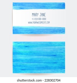 Two sided business card template with blue marker paint stains and strokes. Artistic vector design. 