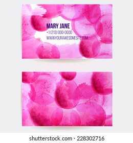 Two sided business card template with pink and violet watercolor paint swashes. Artistic vector design. 