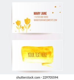 Two sided business card template with yellow watercolor drawing of flowers and text babble. Artistic vector design.