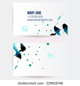 Two sided business card template with green paint splashes. Artistic vector design.