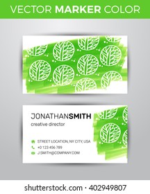 Two sided business card template. Green paint strokes markers. 