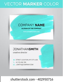 Two sided business card template. Turquoise paint strokes markers. 