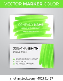 Two sided business card template. Green paint strokes markers. 