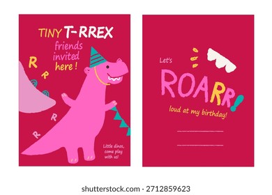 A two sided invitation card with a smiling dinosaur in a party hat on the front and cute lettering inside.. Cute and bright invitation for a birthday party and celebration.