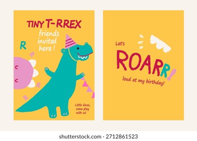Um convite de dois lados com um dinossauro sorridente em um chapéu de festa na frente e letras bonitas dentro. Convite bonito e brilhante para uma festa de aniversário e celebração.