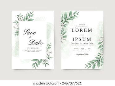 Invitación de boda a dos lados con hojas verdes y flores de acuarela