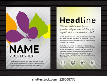 Two sides a4 size flyer design, vector poster template with colorful leaves and sample text