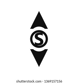 Two sides arrow with letter in circle. Black and white logotype. Letter icon.