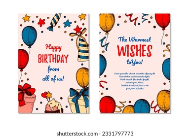 Two sides Birthday vertical greeting card. Design with hand drawn elements. Celebration invitation template. Vector illustration in sketch style. Festive kids colorful poster