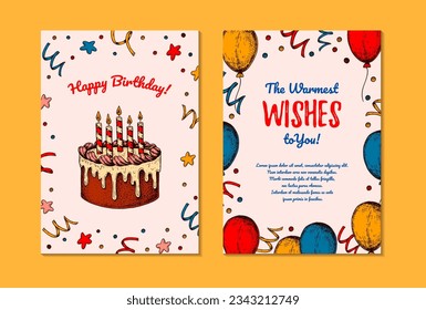 Two sides Birthday vertical greeting card. Design with hand drawn elements. Celebration invitation template. Vector illustration in sketch style. Festive kids colorful poster