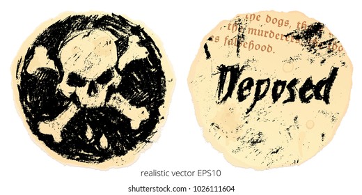 Two sides of the Black Spot. Vector clipart of pirates artifact from Stevenson's novel Treasure Island. Charcoal sketch of Jolly Roger crossbones, word 'Deposed' on the torn paper piece of Apocalypse.