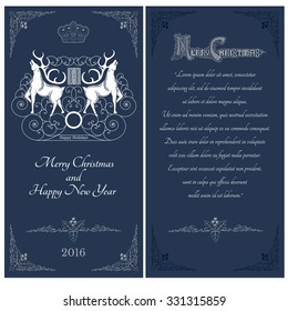 Two sides of Christmas blue postcard. White deer against one another with swirl pattern on caver 