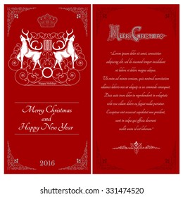 Two sides of Christmas red postcard. White deer against one another with swirl pattern on caver 