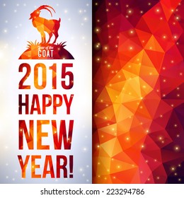 Two sides flyer with geometric pattern goat. Vector illustration. Chinese astrological sign. New Year 2015. Shining background made up from triangles.