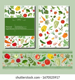Two sides flyer and seamless border with vegetables and floral elements. Design is perfect for prints, flyers, banners, invitations.