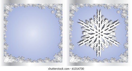 Two sides of greetings card for December holidays with silver snowflake on blue background, vector