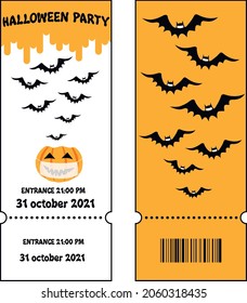 Two sides of a halloween ticket template in flat style. Vector illustrations with symbols of the holiday, characters in protective masks, protection from infection with COVID-19.